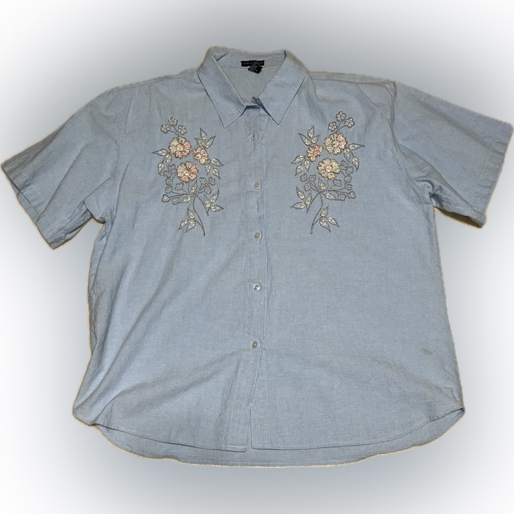🔴Vintage Club Z Collection Women Blouse Beaded Embroidery Button Front Blue 2X